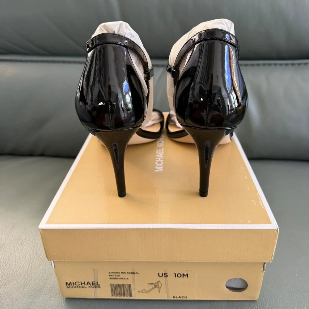Michael Kors Simone Mid Sandal Black Patent Leather Stiletto Heels 10M